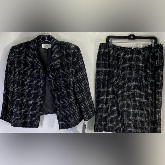 NWT Le Suit Petite Women's 2-Piece Black Plaid Suit Jacket & Skirt Set Size 16P - Picture 1 of 10
